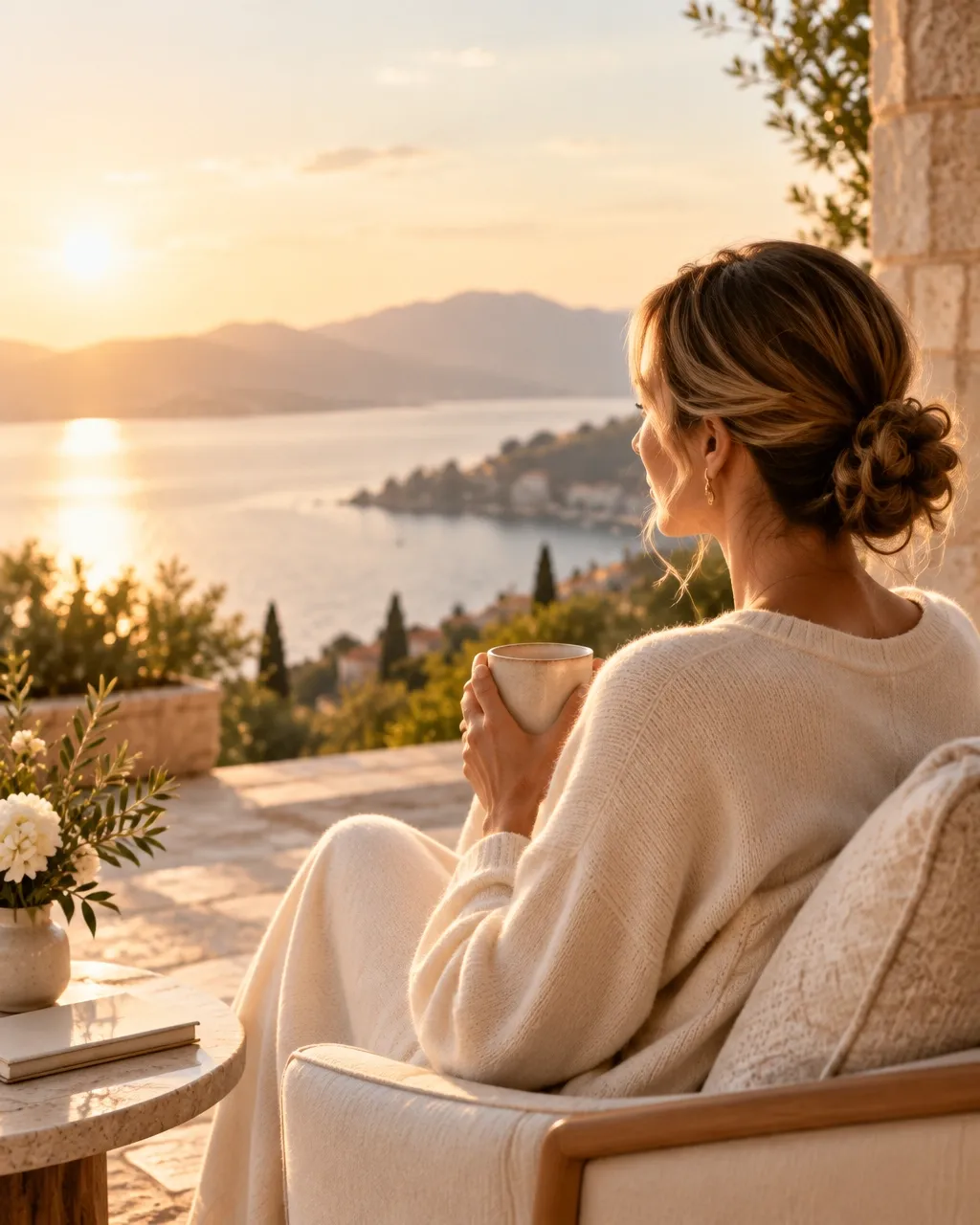 A woman reflecting beside the water