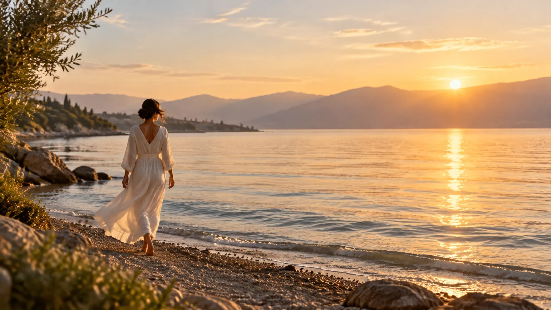 A woman walking by the water at sunset