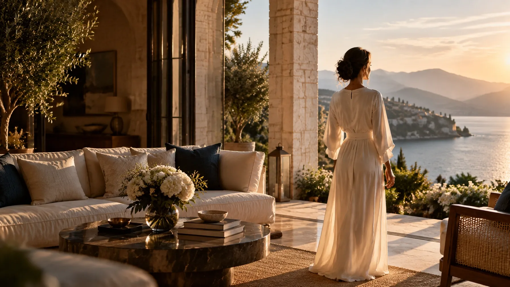 A woman standing in a sunlit lakeside home, looking toward the water