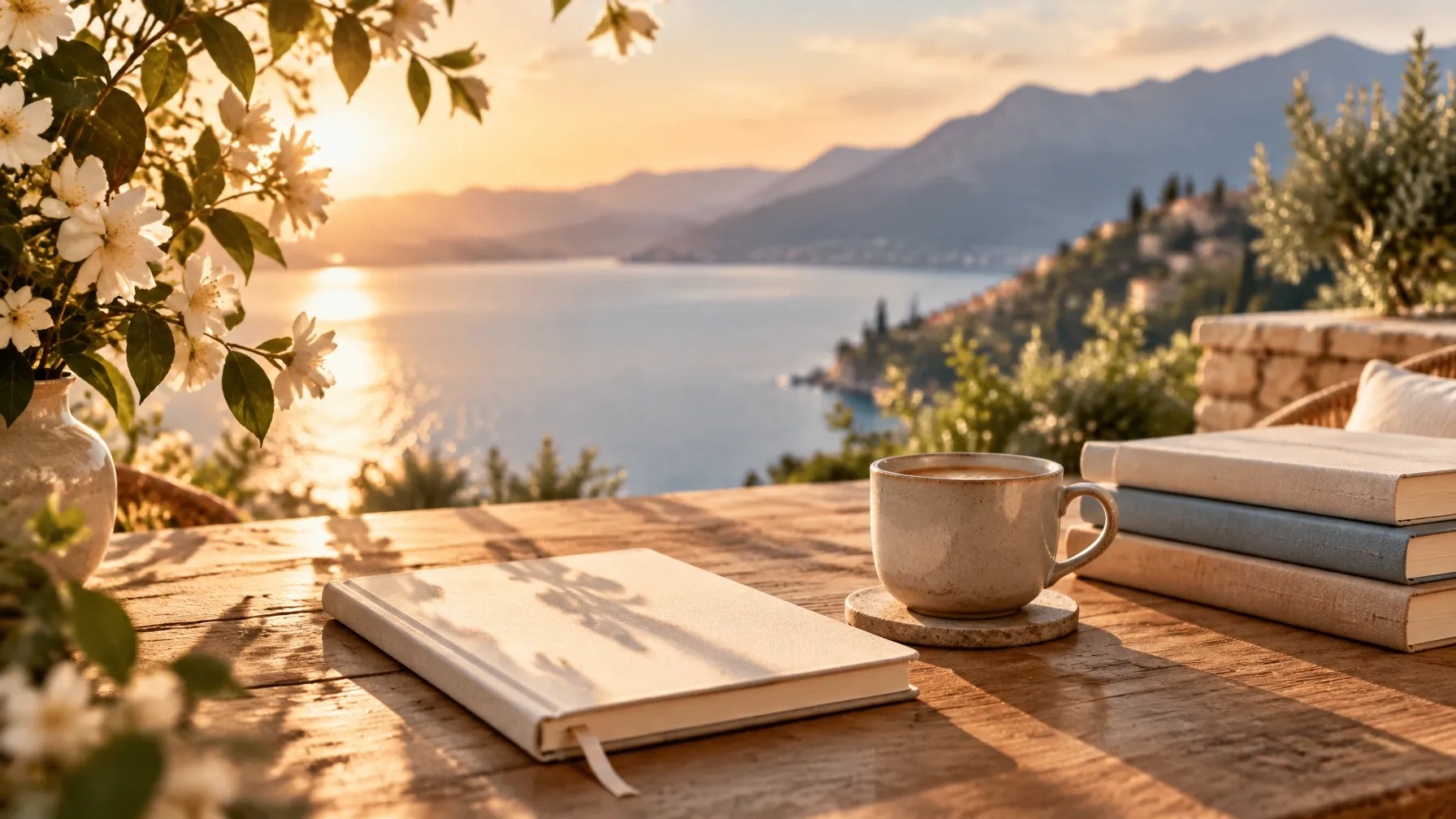 A journal and books on a peaceful terrace overlooking the water