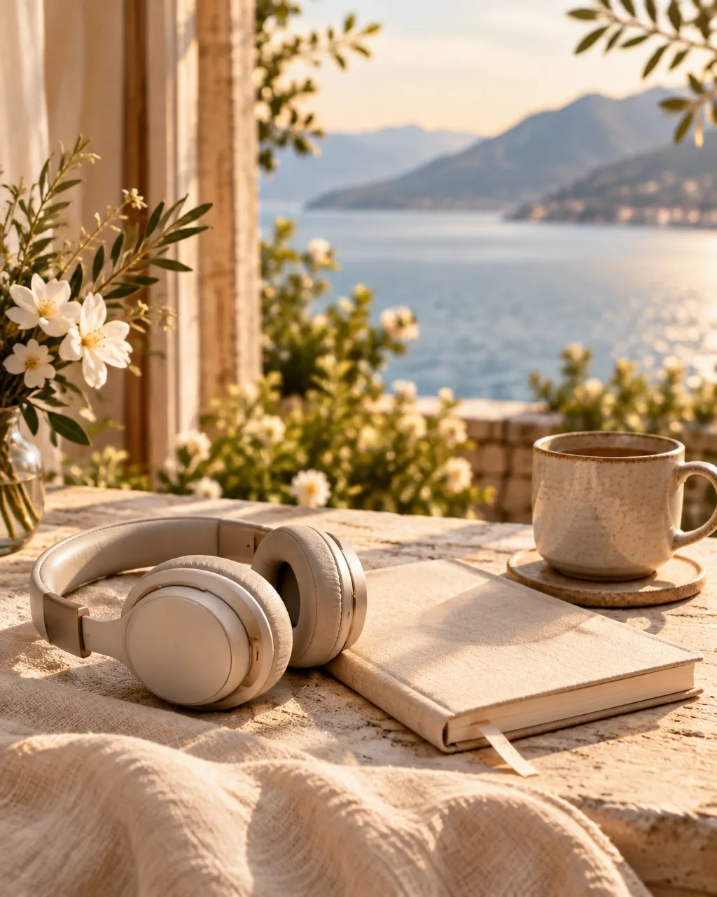 A journal and headphones beside a window