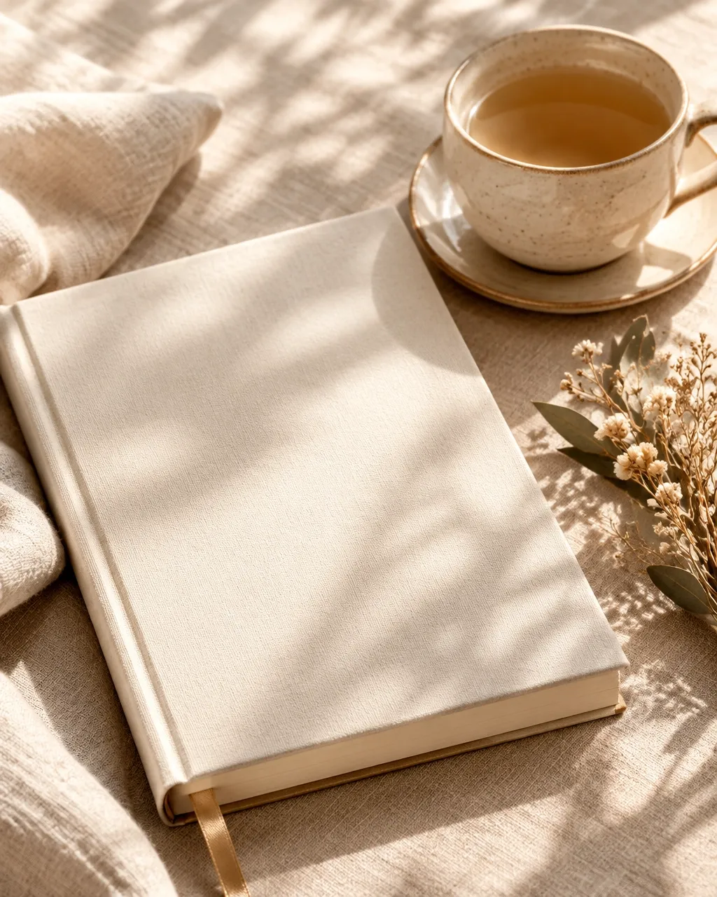 A neutral workbook and pen in warm natural light